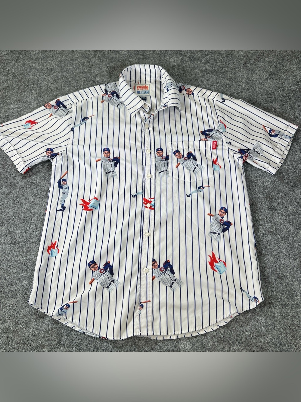RSVLTS Shirt Mens Large White Striped Baseball Short Sleeve Rookie of the Year